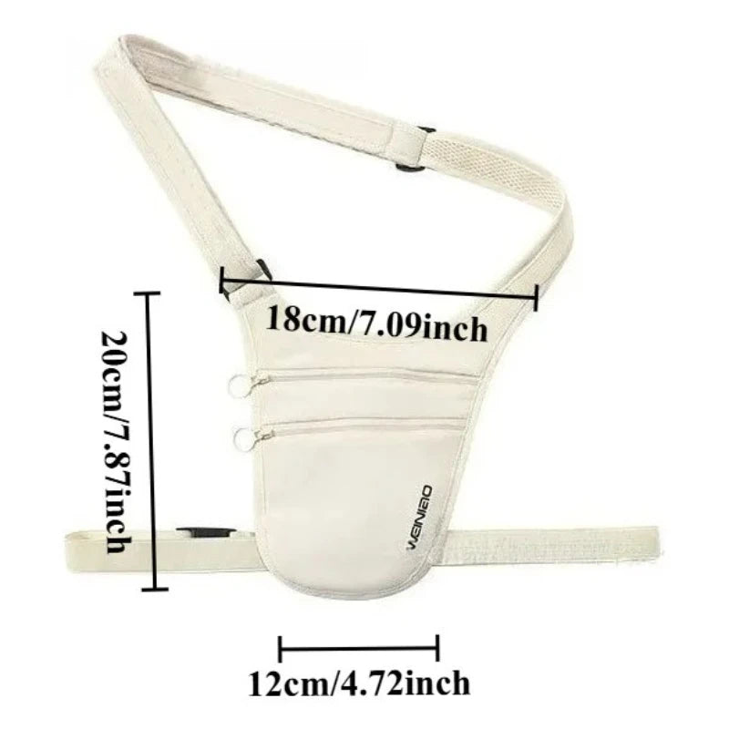 Cream-coloured anti-theft crossbody travel pouch with two zipped pockets and adjustable straps.