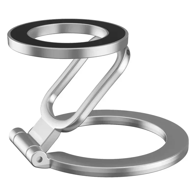 Silver adjustable ring phone stand with a black circular pad on a white background.