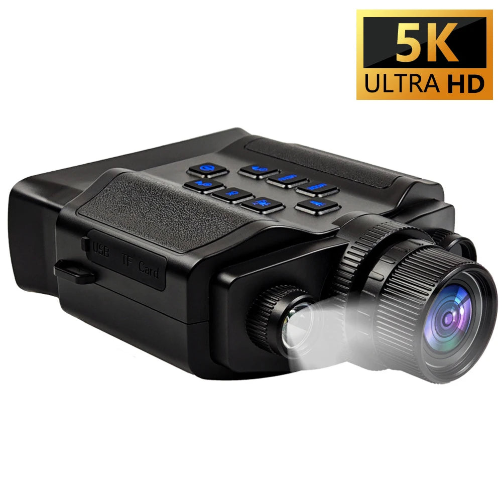 Black plastic 5K night vision goggles with an integrated lens, IR illuminator, and top-mounted control buttons.