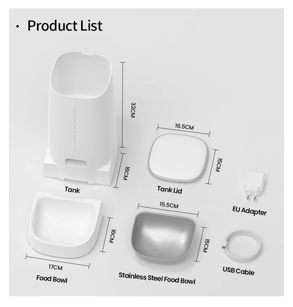 Parts of a white automatic pet feeder, including a tank, lid, two bowls, USB cable, and EU power adapter.