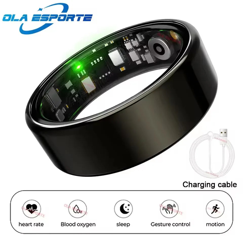 Sleek black smart fitness ring showing internal sensors and charging cable. Features include health and motion tracking.