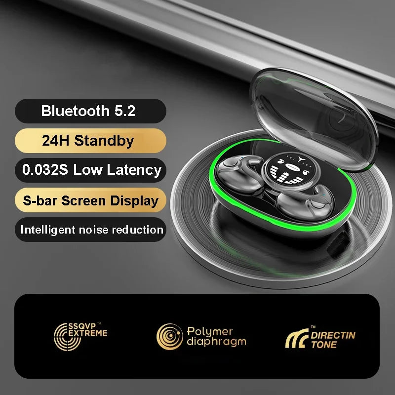 Black wireless earbuds with a digital display charging case, featuring a green LED ring light, on a metallic surface.