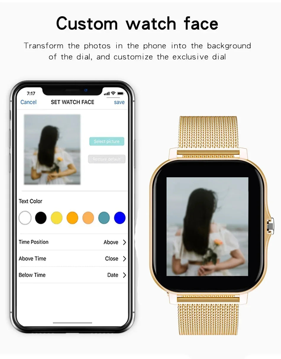 Gold smartwatch with a 1.44-inch touch screen and mesh strap, showing a customisable photo watch face on a smartphone.