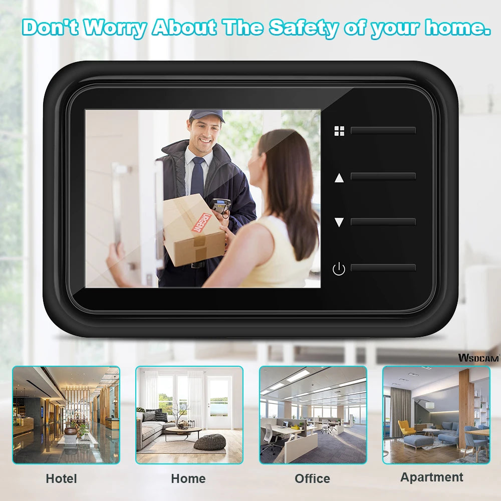 Black 2.4-inch digital door peephole monitor with night vision, showing a delivery at the door.