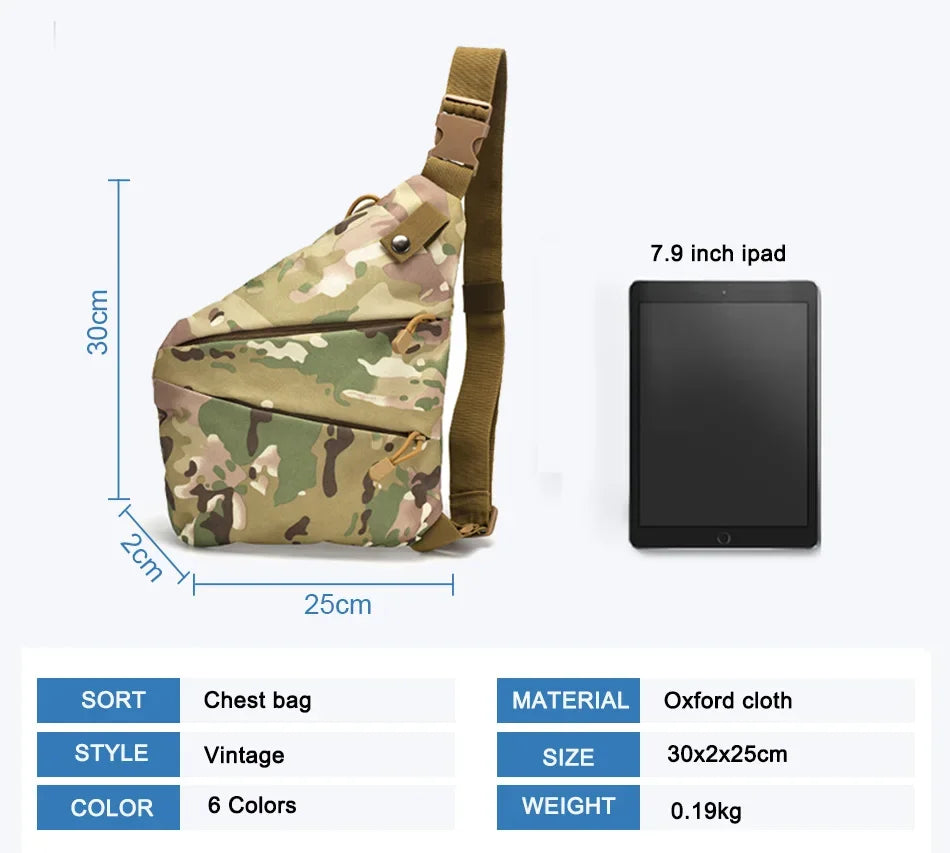 Compact camouflage-pattern crossbody sling bag with zipped compartments, shown next to a 7.9-inch tablet for scale.