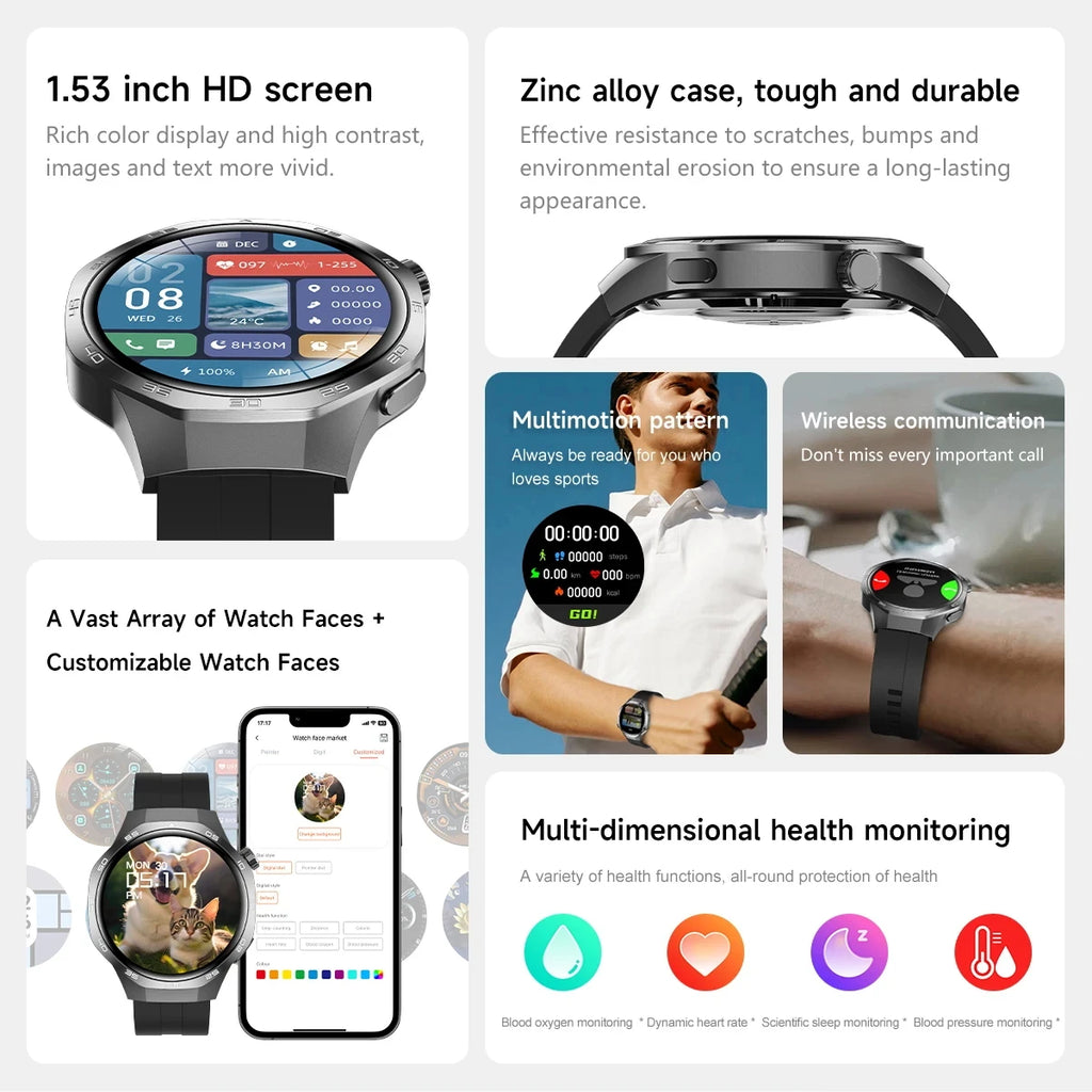 Smartwatch with a grey zinc alloy case, black silicone strap, 1.53-inch HD screen, GPS, and health tracking features.