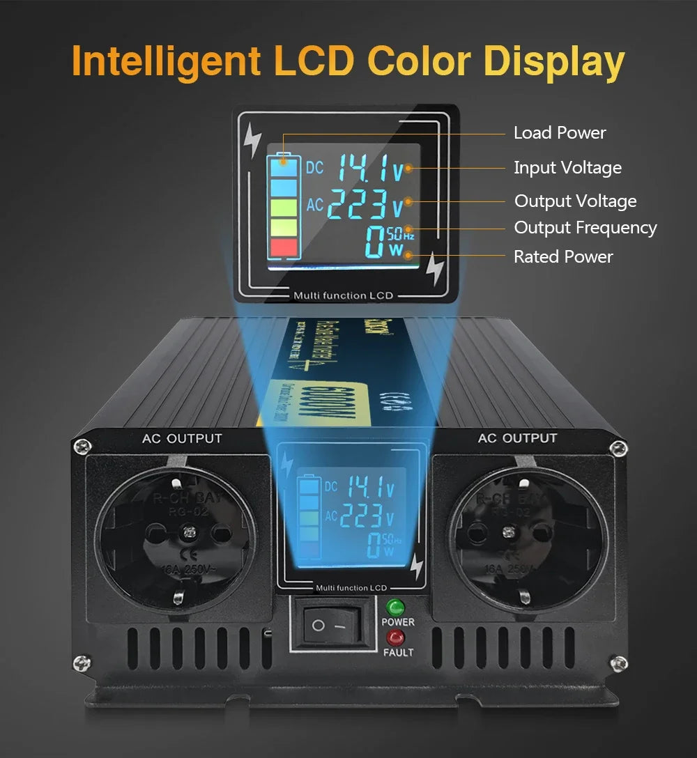 Black power inverter with dual AC outlets, power switch, status lights, and an intelligent LCD colour display.