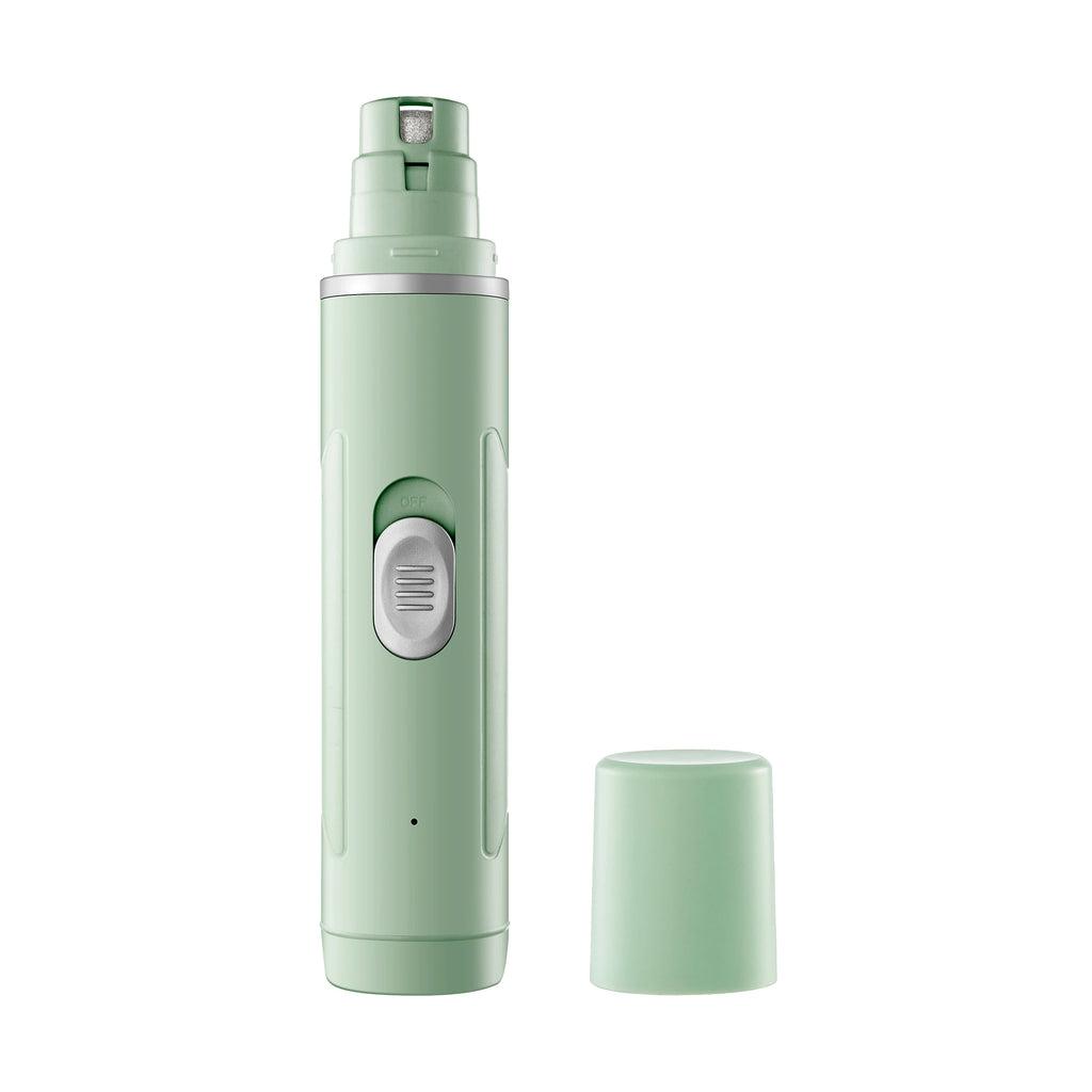 Sage green electric pet nail grinder with an LED light, silver switch, and matching protective cap.