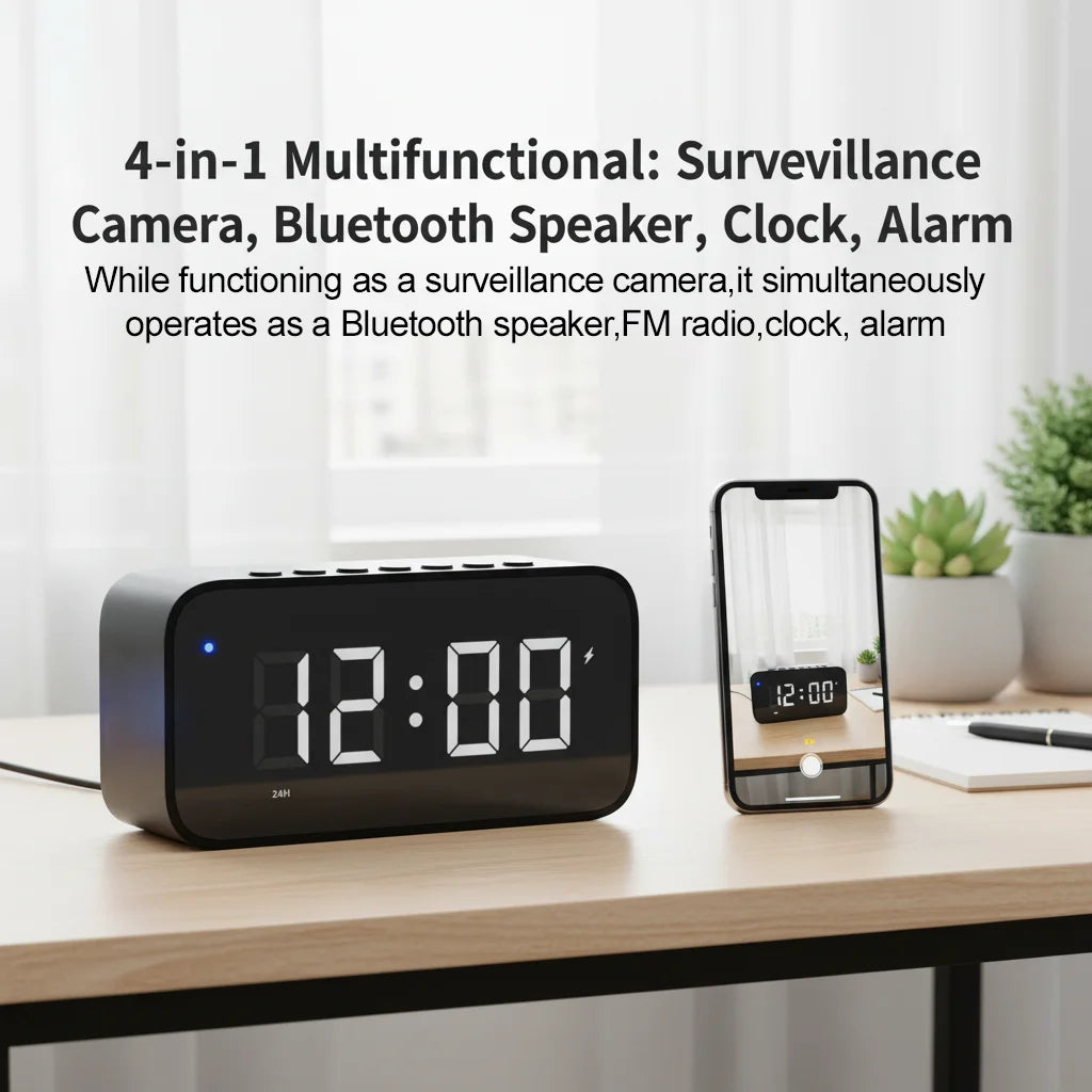 Black plastic digital alarm clock with a built-in camera, Bluetooth speaker, and FM radio on a desk.