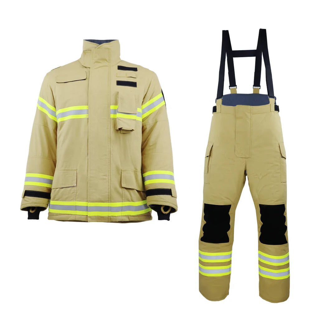 Tan firefighter uniform, consisting of a jacket and high-waist trousers with reflective stripes and black knee pads.