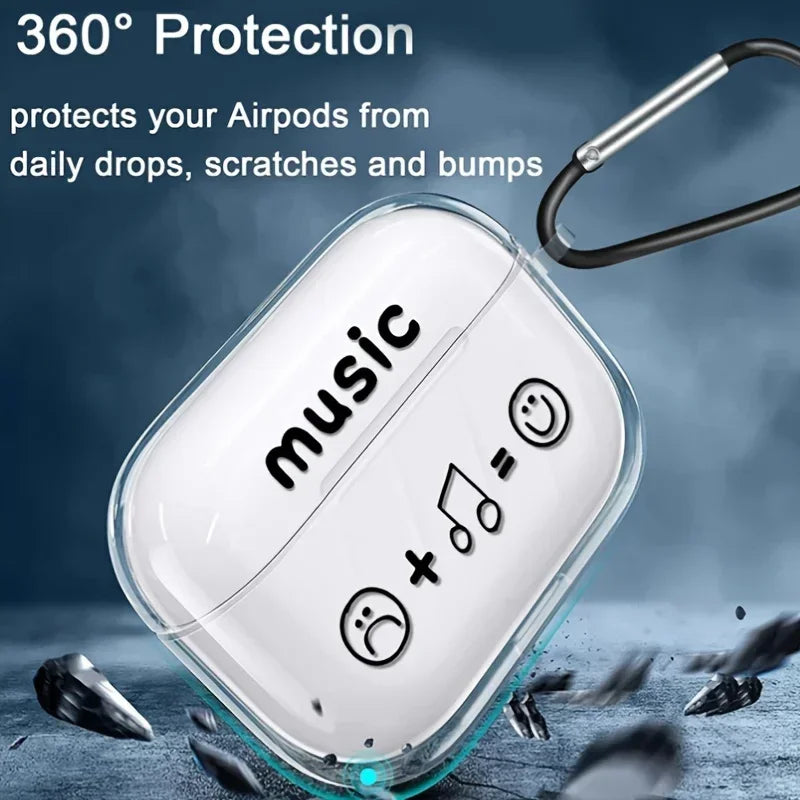 Clear silicone AirPod case with 'music' print, smiley face graphics and a black carabiner clip.