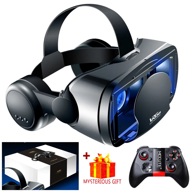 Black virtual reality headset with integrated headphones, a gaming controller, and a gift box on a white background.