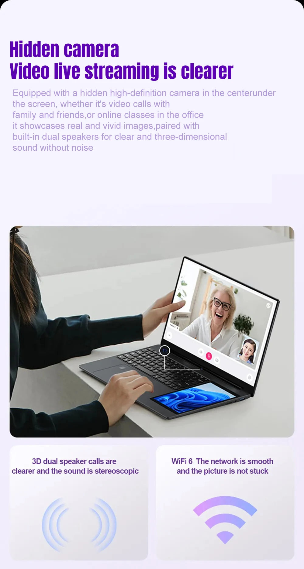 Dark grey 15.6-inch dual-screen laptop with a 7-inch touch display and integrated hidden camera.