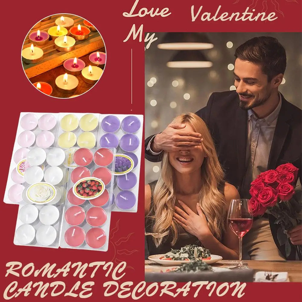 Assorted pack of colourful scented tea light candles in white, pink, red, yellow, and purple for romantic occasions.