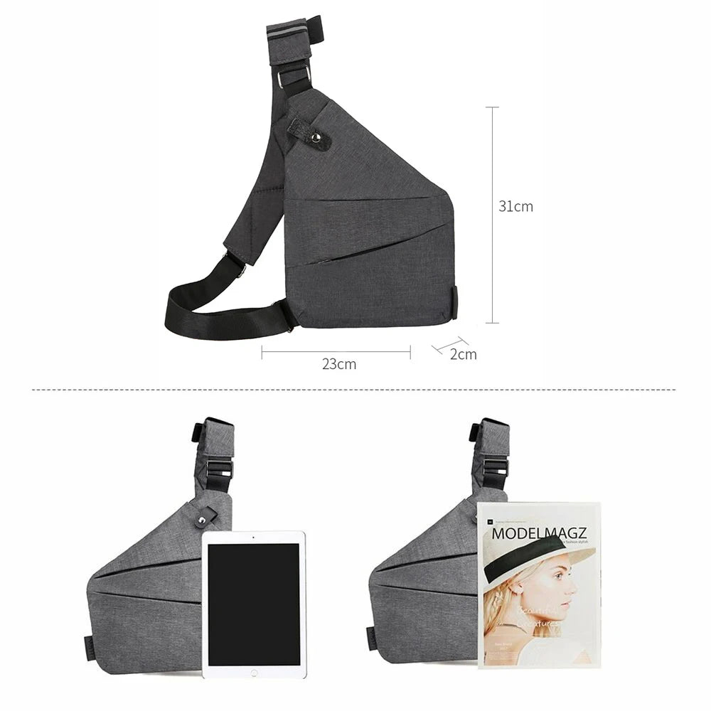 Grey, slim-fit waterproof chest bag with adjustable strap, zipped pockets, and dimensions for scale.