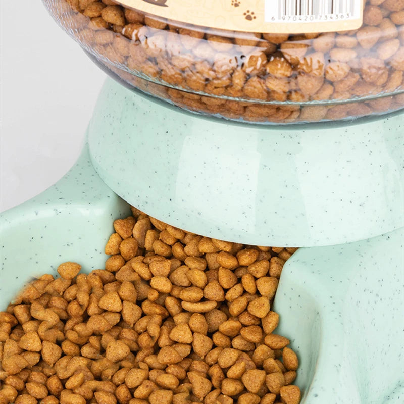 Mint green, speckled automatic pet feeder with a clear glass container filled with brown dry kibble.