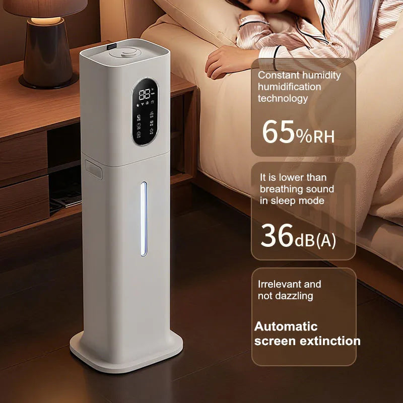 Tall, white tower humidifier with a digital display screen, water level window, and silent sleep mode.