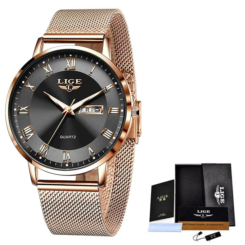 Elegant rose gold stainless steel watch with a mesh strap, black dial, Roman numerals, and a date display.