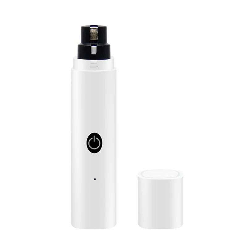 White electric pet nail grinder with a black power button, grinding head, and detachable protective cap.