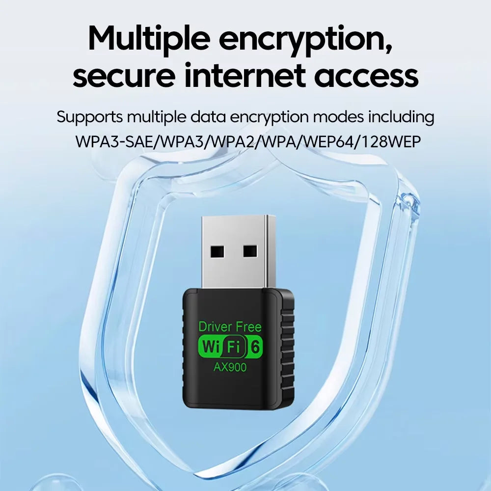 Compact black WiFi 6 and Bluetooth USB adapter with a green "Driver Free" logo, displayed inside a protective shield.
