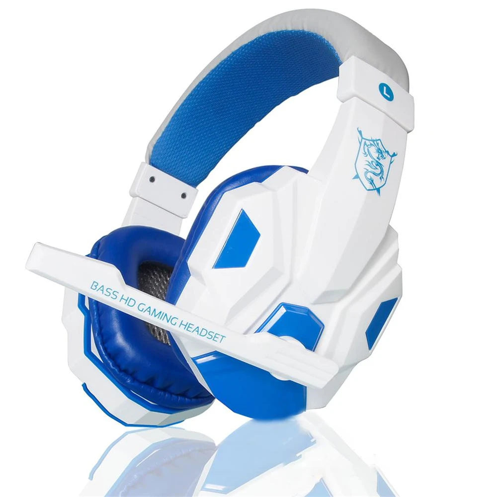 White and blue wired gaming headset with cushioned ear pads, adjustable microphone, and a sleek, modern design.