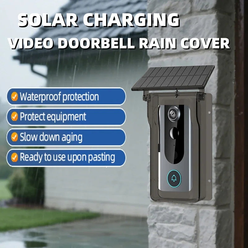 Smart video doorbell in a protective grey rain cover with an integrated solar panel, mounted on a stone wall.