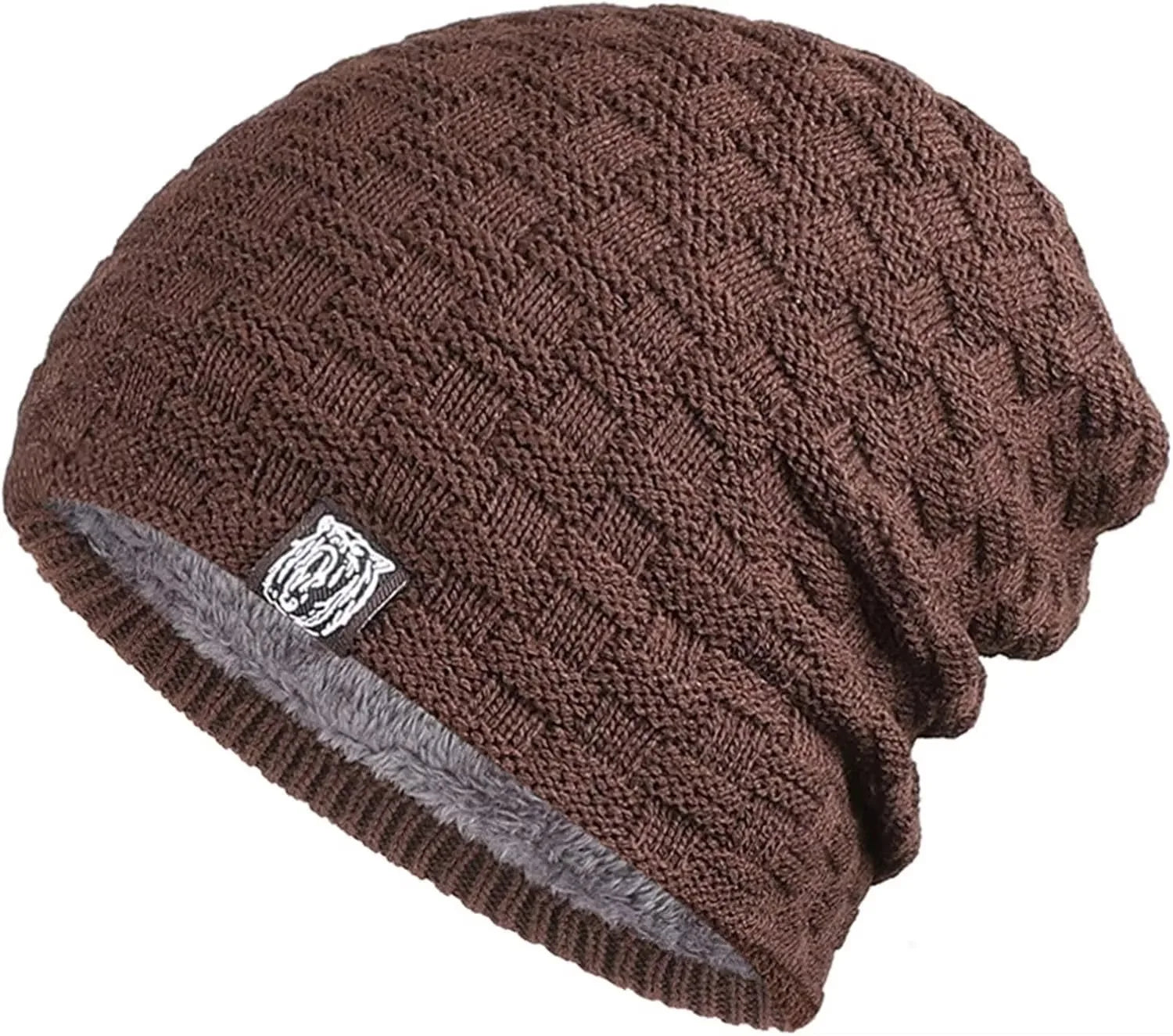 Brown knitted beanie hat with a textured pattern and a warm grey plush lining.