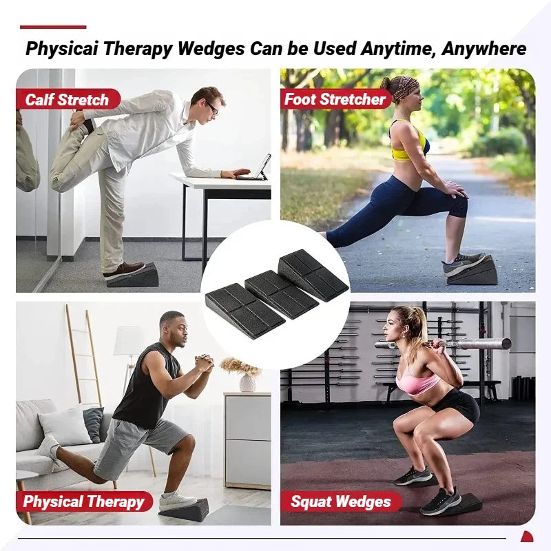 Three black non-slip physical therapy wedges shown in use for calf stretches, squats, and foot stretches.