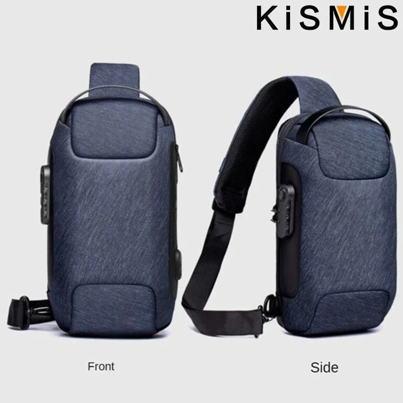 Blue waterproof anti-theft crossbody bag with a secure combination lock and integrated USB charging port.