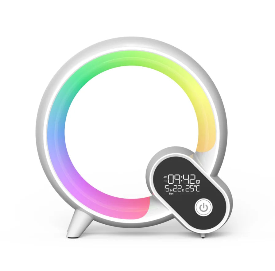 White circular smart LED wake-up light with a colourful glowing ring, digital clock display, and power button.