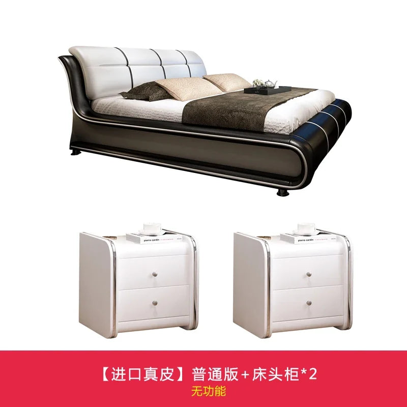 Modern black and cream leather bed frame with a curved silhouette, accompanied by two matching white bedside tables.