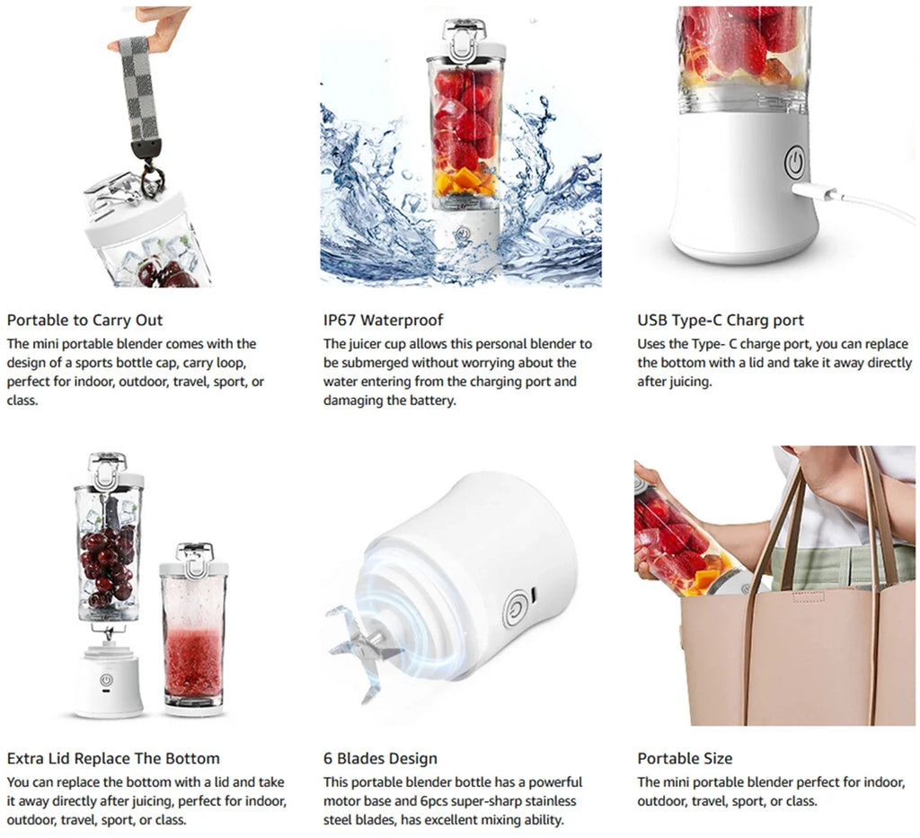 White portable mini blender with 6 stainless steel blades, USB-C charging, carry loop, and replaceable travel lid.