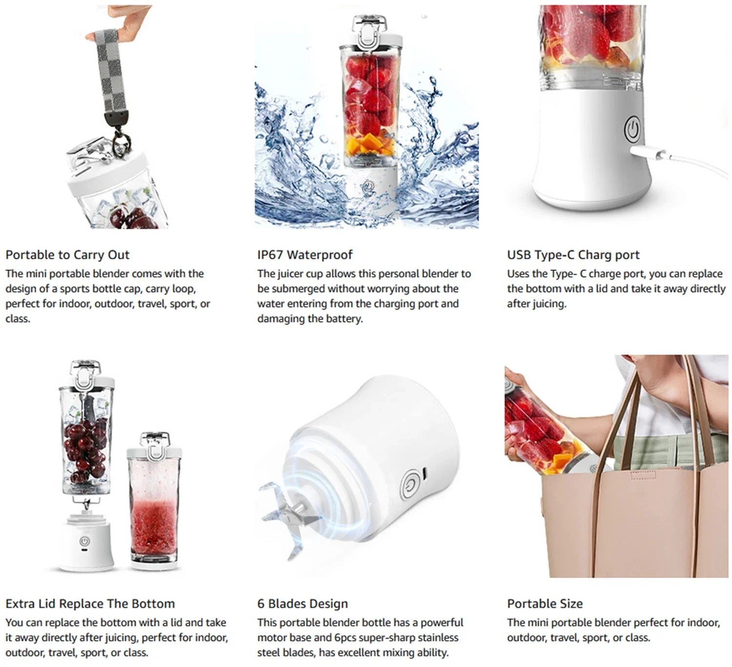 White portable mini blender with 6 stainless steel blades, USB-C charging, carry loop, and replaceable travel lid.