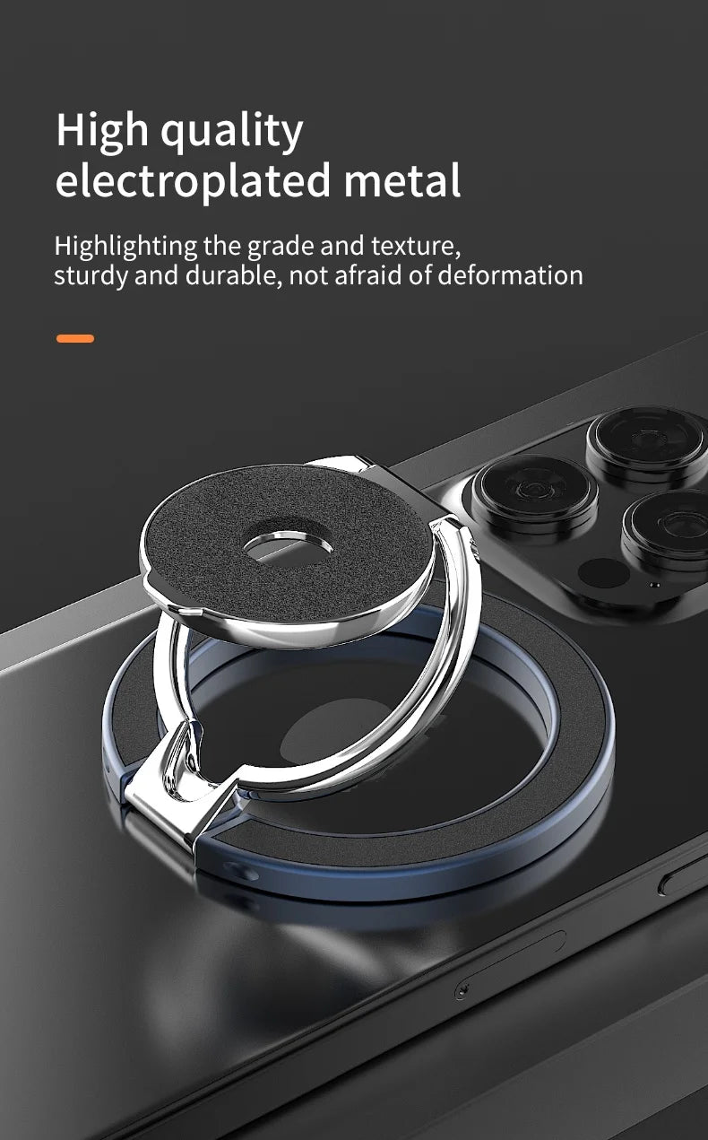 Silver electroplated metal phone ring holder with a textured black circular base, attached to the back of a smartphone.
