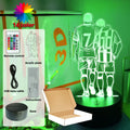 3D football players LED night lamp with 16 color-changing remote, black base, USB cable, and packaging box.