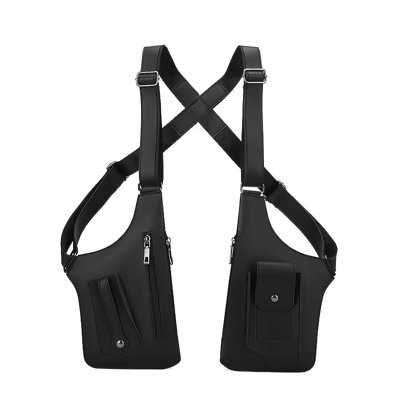 Black utility chest harness with adjustable straps and multiple zip and flap pockets for tactical workwear storage.