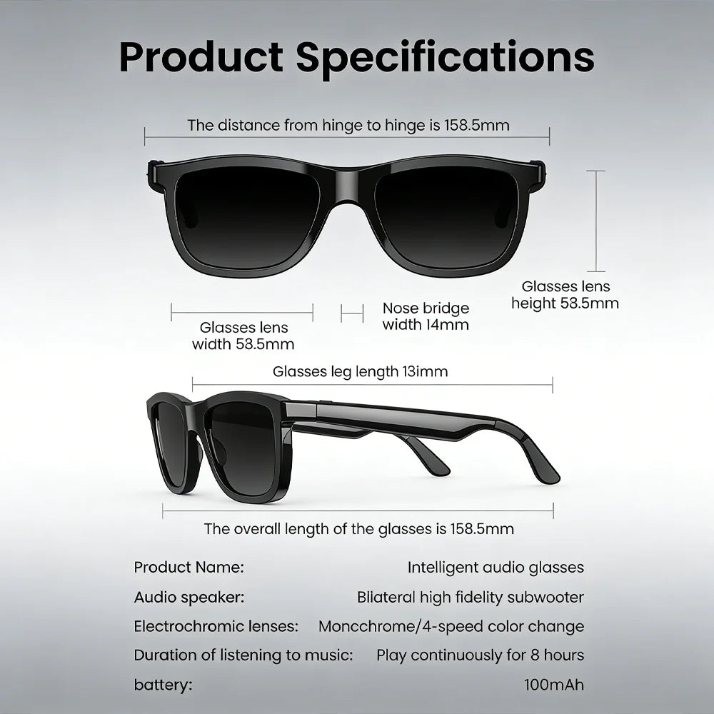 Black smart audio sunglasses featuring noise reduction, electrochromic lenses, and detailed technical specifications.