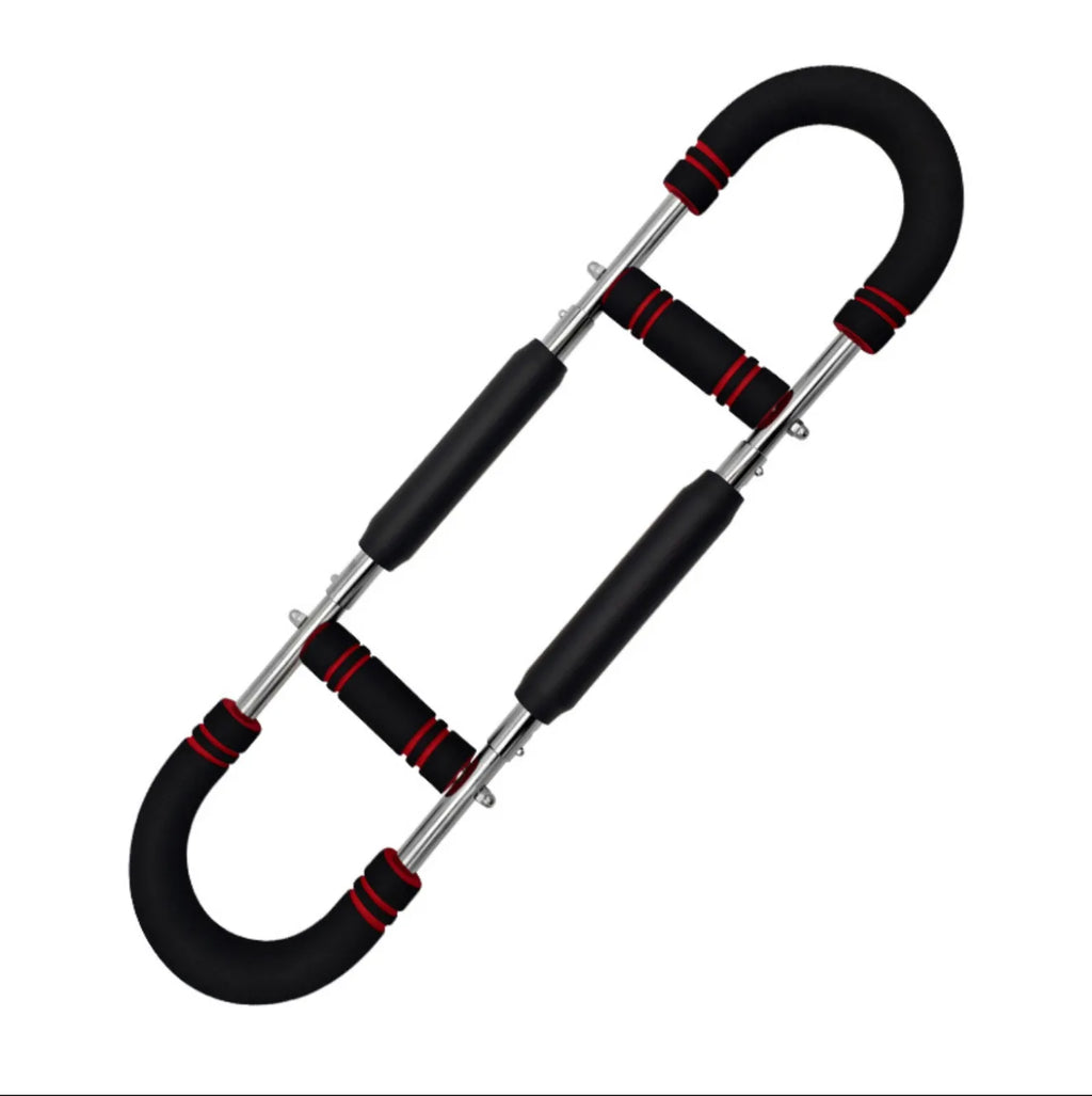 Black and silver arm exercise trainer with curved handles and foam grips for strength training.