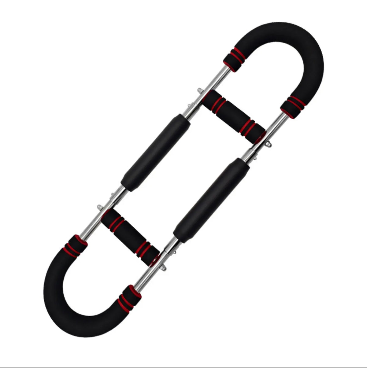Black and silver arm exercise trainer with curved handles and foam grips for strength training.