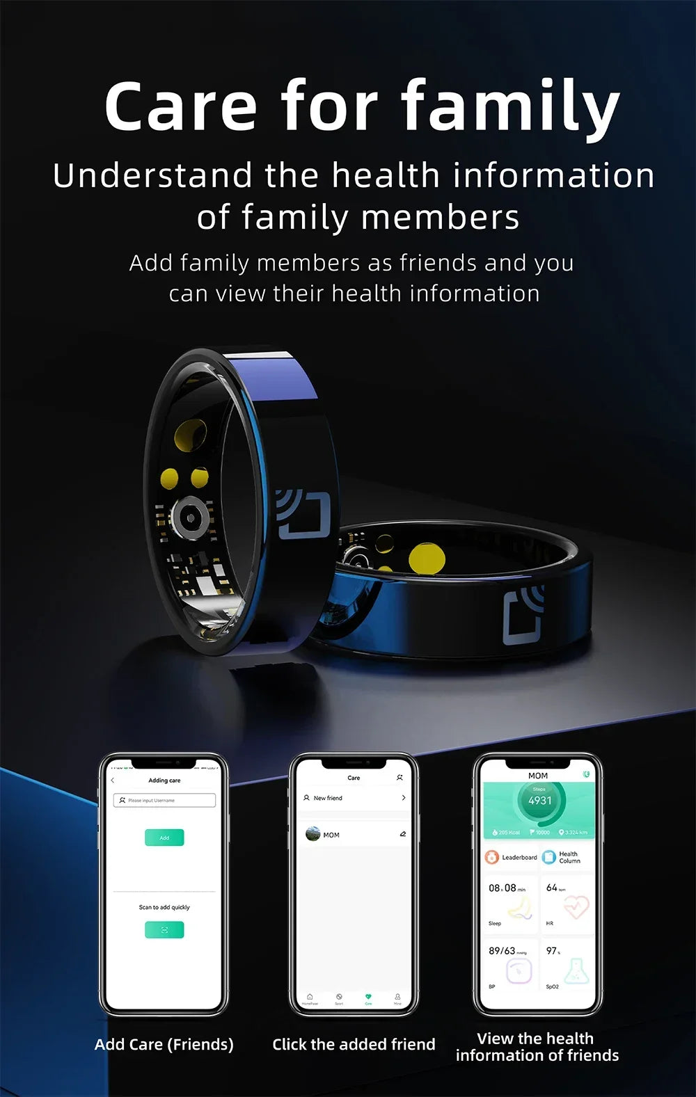 Two sleek black NFC smart rings shown with a smartphone app interface for tracking family health data.