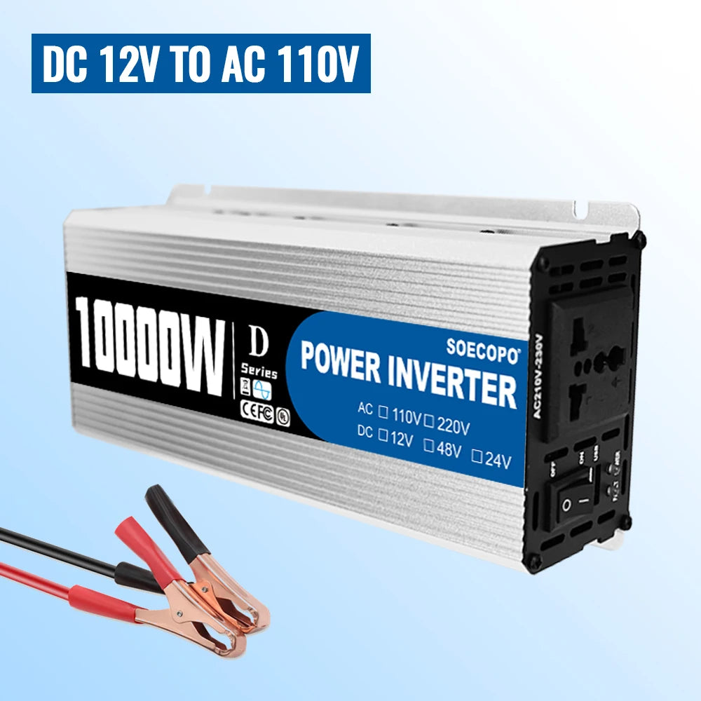 Silver 10000W power inverter with a black faceplate, AC outlet, power switch, and included red and black battery cables.