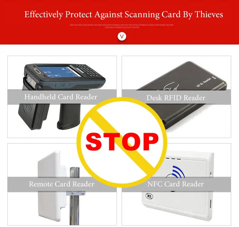 Collage of four black and white RFID and NFC card readers with a yellow circular stop sign overlay.