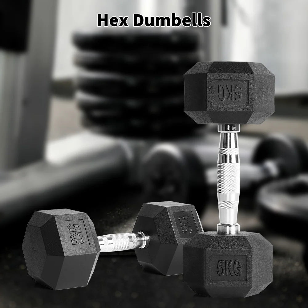Two black 5kg hexagonal dumbbells with textured silver handles set against a blurred gym background.