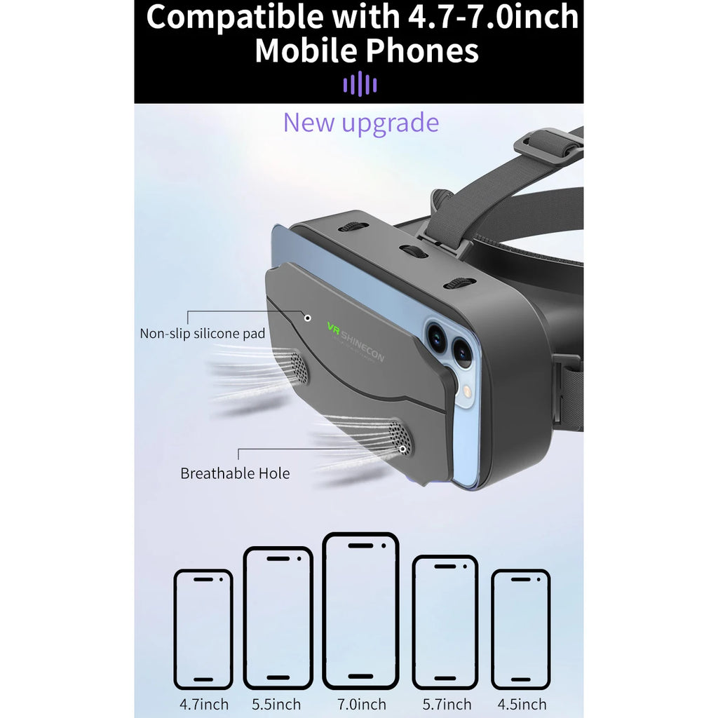 Black VR headset with adjustable straps, holding a light blue smartphone, featuring ventilation holes and dials.
