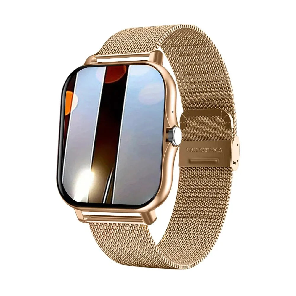 Gold smartwatch with a rectangular touchscreen and a stylish, flexible stainless steel mesh strap.