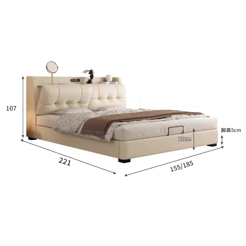 Modern cream leather bed frame with an upholstered button-tufted headboard, integrated shelf storage, and gas-lift base.