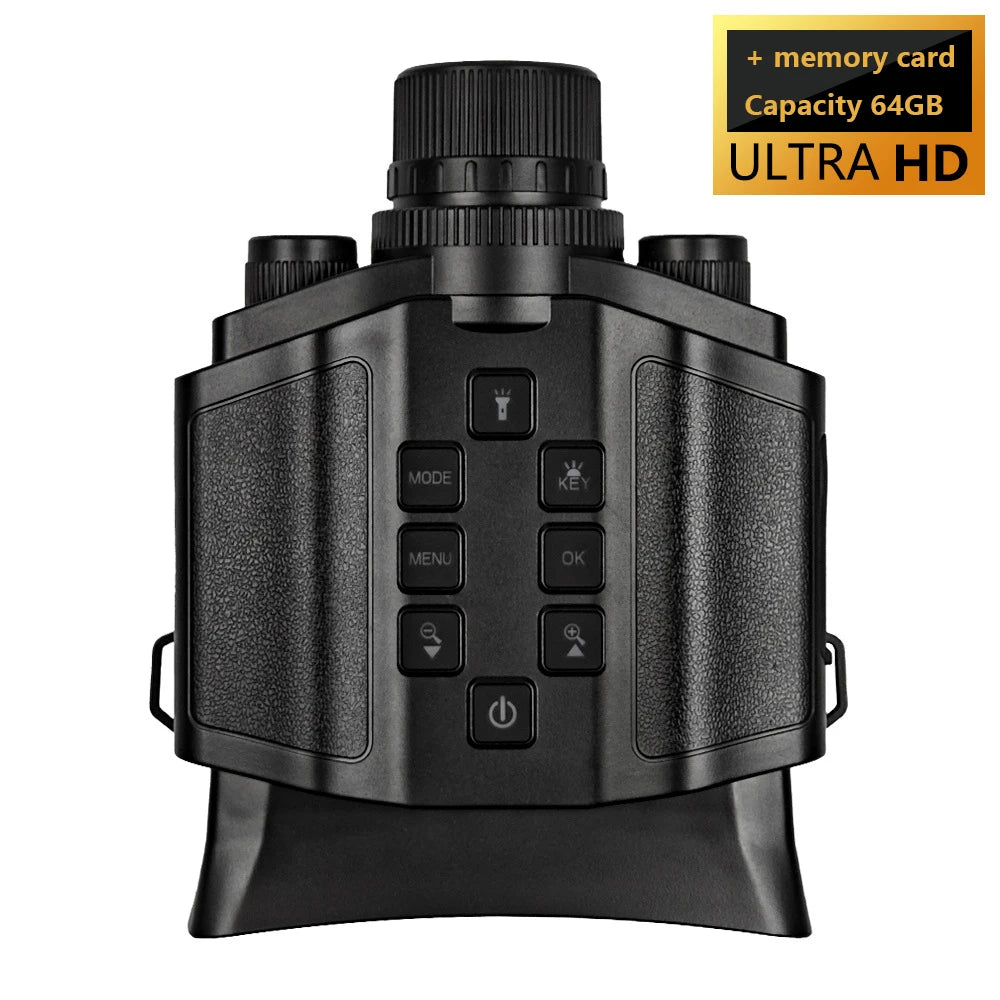 Black plastic night vision binoculars featuring a central control panel with buttons and a 64GB memory card slot.