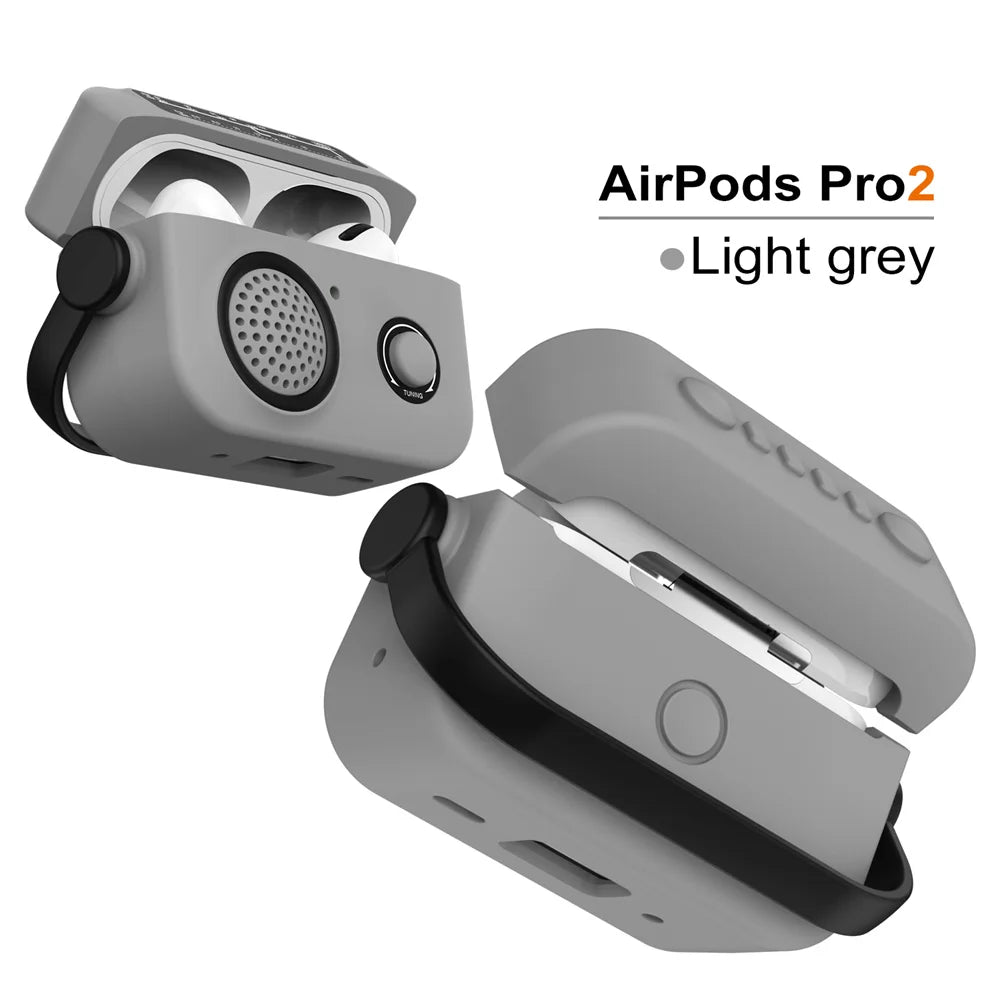 Light grey silicone case for AirPods Pro 2, designed with a retro radio aesthetic and black carry strap.