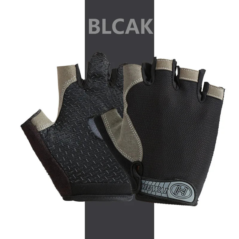 Black and grey fingerless cycling gloves with a textured palm grip and a branded wrist strap.