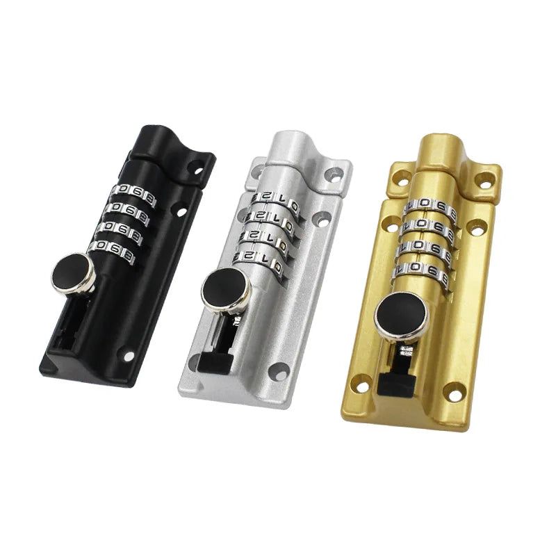Three metal door bolt locks with combination dials in black, silver, and gold finishes.